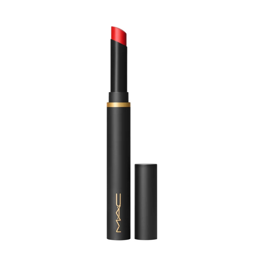 MAC COSMETICS Powder Kiss Velvet Blur Slim Stick Lipstick - Ruby New, Matte Red Lip Color, Long-Lasting Velvet Finish